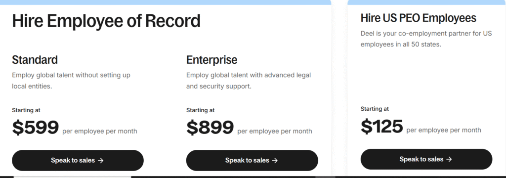 Deel pricing plans for global payroll and employer of record services