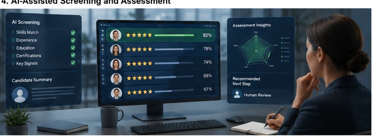 AI-assisted screening and assessment dashboard showing skills match, experience, education, certifications, candidate summary, and recommended next step for human review
