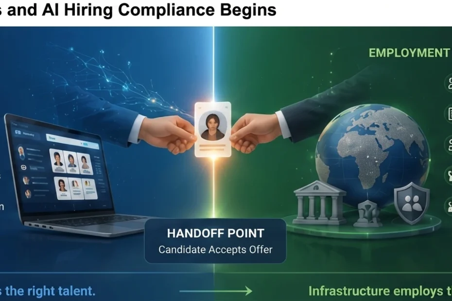 Handoff point between AI recruiting and employment infrastructure showing AI finding the right talent while infrastructure legally employs them across borders