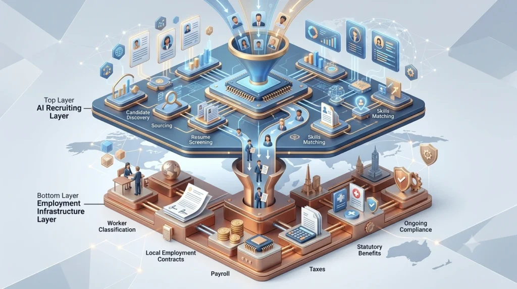 The two layers of the 2026 AI hiring stack: AI recruiting layer for candidate discovery, resume screening, and skills matching, feeding into the employment infrastructure layer for worker classification, contracts, payroll, and compliance