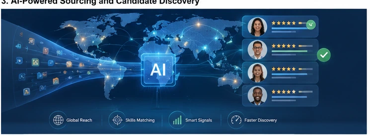 AI-powered sourcing and candidate discovery showing global reach, skills matching, smart signals, and faster discovery across a world map with candidate profiles