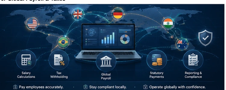 Global payroll and taxes management showing salary calculations, tax withholding, statutory payments, and reporting compliance across USA, UK, Germany, India, Brazil, and Australia
